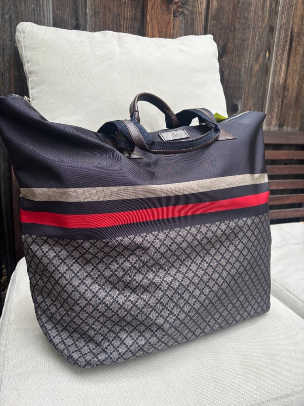 Gucci Nylon Diamante Web Stripe Travel Tote / Weekender Bag.